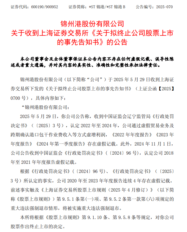 退市锦港录得5天3板